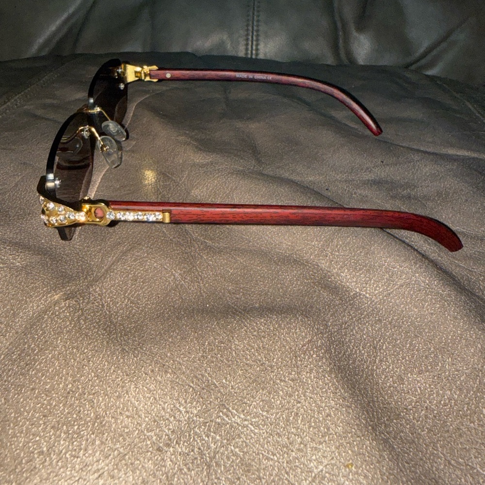 Y2K Iced-Out Rimless Wood Grain Sunglasses - Picture 2 of 5
